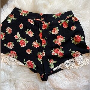 Floral crochet trim shorts